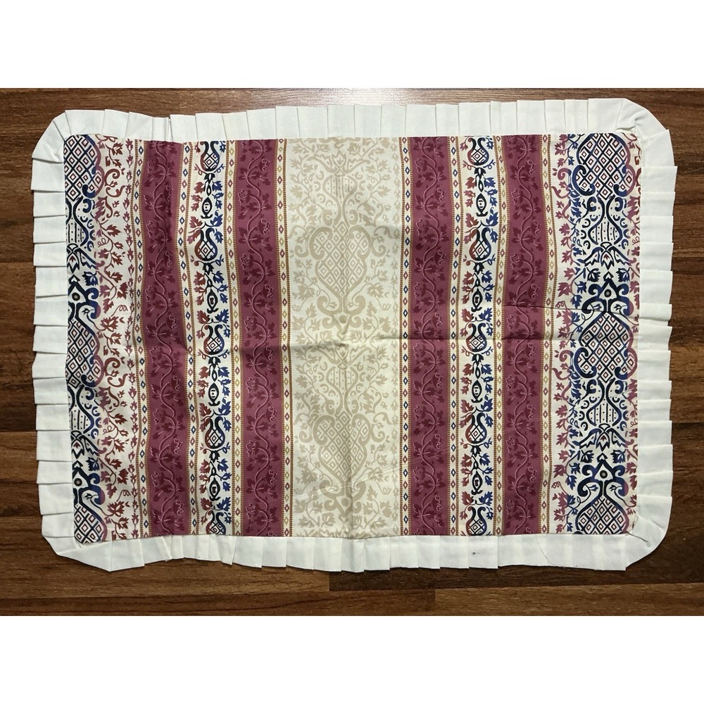 Handmade Pillow Sham Medallion Striped Border W/Pleated Ruffled Edges